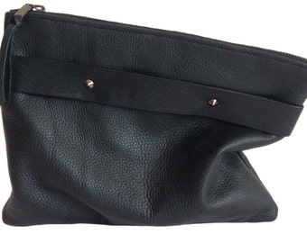 Black leather clutch with handle strap, foldover, oversized, pebble leather