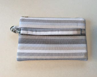 Gray and White Striped Wristlet, Zipper Clutch