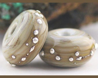 Silver-Drizzled Portobello Handmade Lampwork Glass Bead Pair SRA, Made To Order