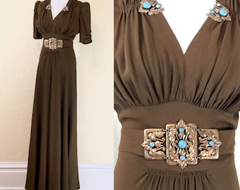 ON HOLD - do not purchase - late 1930's early 1940's broze crepe dress with turquoise belt and dress clips