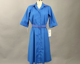 vintage 80s royal blue dress by Willi of California NWT . blue shirt dress with full skirt, matching belt . womens medium large belted dress