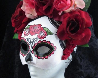 Little Catrina Mask, Day of the Dead Mask with attached headdress, burnt silk roses, and trailing lace
