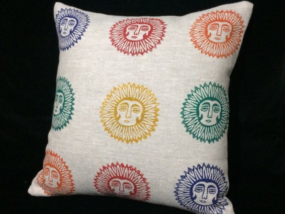 Natural linen pillow cover with lady sun pattern, block printed sofa pillow, Irish linen, cottage style,new home gift,textile stamp