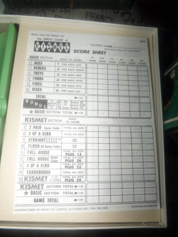 vintage c 1964 kismet dice yacht game published in canada kismet game sheets