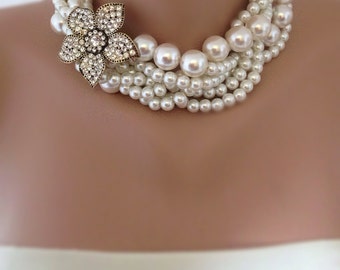 Bride Necklace,Bridal Pearl Statement Necklace , rhinestone brooch,