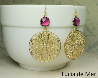 Gold flower earrings, flower hoop earrings, flower earrings, ornate earrings