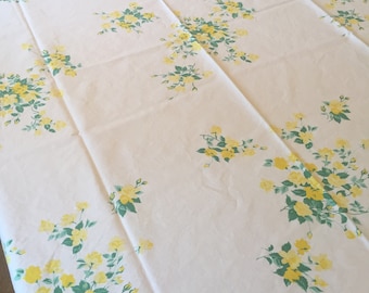 Vintage Tablecloth, White with Yellow Roses and Green Leaves, Wilendur Textile