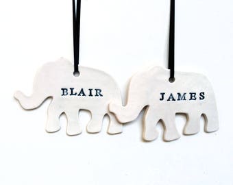 Elephant Ornament, Personalized, Ceramic, Pottery, Handmade - Customized Ornament - Christmas Tree Ornament - Lauren Sumner Pottery