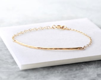 Curved hammered bar bracelet - dainty gold or silver bar bracelet - delicate gold bracelet - long gold bar bracelet - 14k gold fill