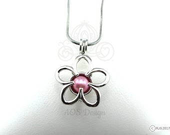 Pick A Pearl Cage Necklace Silver Plated Flower Outline Charm Holds a Pearl Bead Gem 18" Silver Necklace