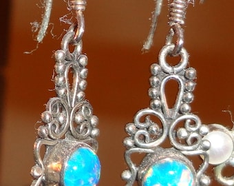 Sterling Silver Opal Earrings with Intricate Ornate Silver Setting