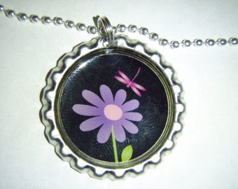 Dragonfly & Purple Flower BOTTLE Cap Necklace - * Free Chain * NEW - handmade