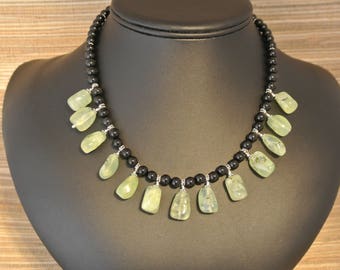 Black Onyx, Prehnite and Sterling Silver Necklace