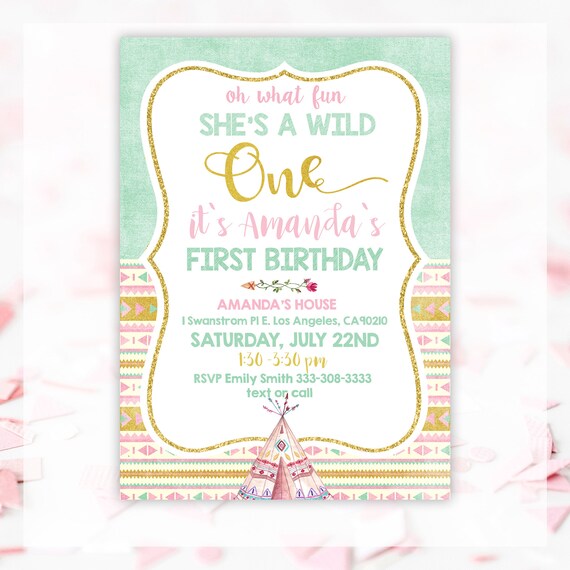 Tribal Wild One Green and Gold Invitation Tribal birthday
