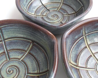 Tall pottery shaving bowl - Blue green color