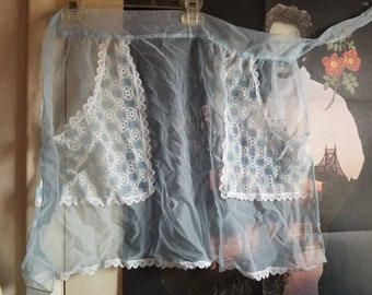 Baby blue vintage sheer half apron with lace detail