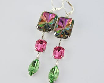 Vitrail earrings, peridot earrings, long pink earring, bridesmaid earrings, Spring wedding, pink and green earrings, rainbow earrings