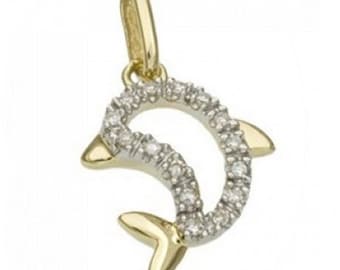 14k Gold and White Diamond Dolphin Pendant Charm