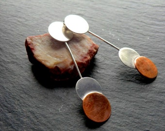 Silver, copper earrings - circle disc earrings - long dangle earrings - mixed metal earrings - statement earrings - silver minimalist