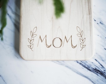 Mother's Day Gift - Cutting Board "MOM" Engraved Small Maple Wood Cutting Board with Handle, Wood Serving Board, Paddle Board