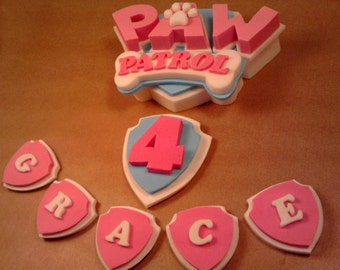 Personalised Pink Paw Patrol badge sugar paste icing cake topper edible birthday,shipping from UK