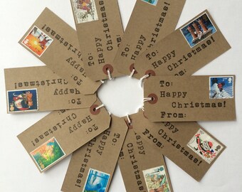 Kids Gift Tags - Christmas Gift Tags - Christmas Labels - Holiday Gift Tags - Vintage Christmas - Postage Stamps - Handmade Christmas