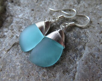 sea glass earrings cultured seaglass blue colored beach glass jewelry earrings-bridesmaid earrings- teardrop earrings