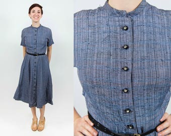 1950s Dark Gray Cotton Day Dress with Rhinestone Buttons - Small / Medium