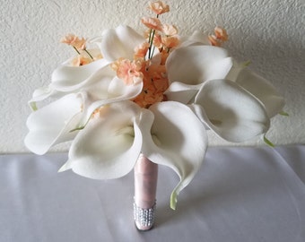 Ivory Peach Calla lily Bridal Wedding Bouquet & Boutonniere