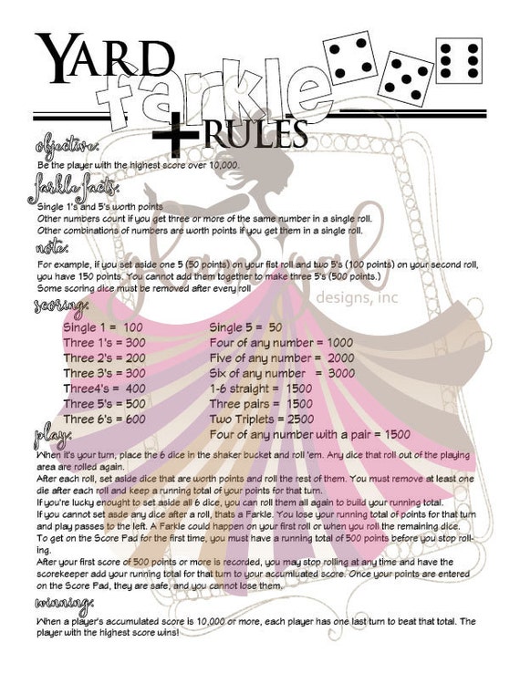 farkle rules and scoring printable for kids