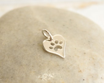 925 Sterling Silver Heart Paw Print Charm -- One Piece
