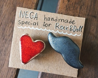 Set of 2 ceramic brooches Heart and Mustache