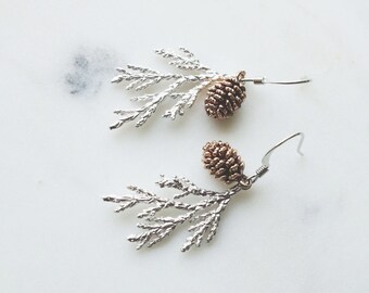 Earrings, pinecone earrings, nature inspired woodland wedding jewelry.