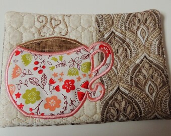 Hot Cup Cocoa Applique and Embroidered Mug Rug Coffee Mat Candle Mat Drink Coaster Gift Decorative Snack Table Desk Mat Brown Pink White