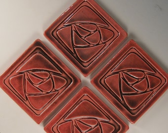 Arts and Crafts Mission Style Tile Coasters - Set of 4 Stylized Rose Design