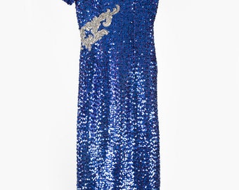 Vintage 80s Sequin Dress - Blue and Silver Sequin Dress - Prom Dress with Arms Frills - 8 Size UK Women's