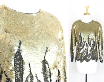 Vintage Sequin Blouse Gold Top Oleg Cassini Small Beaded Black