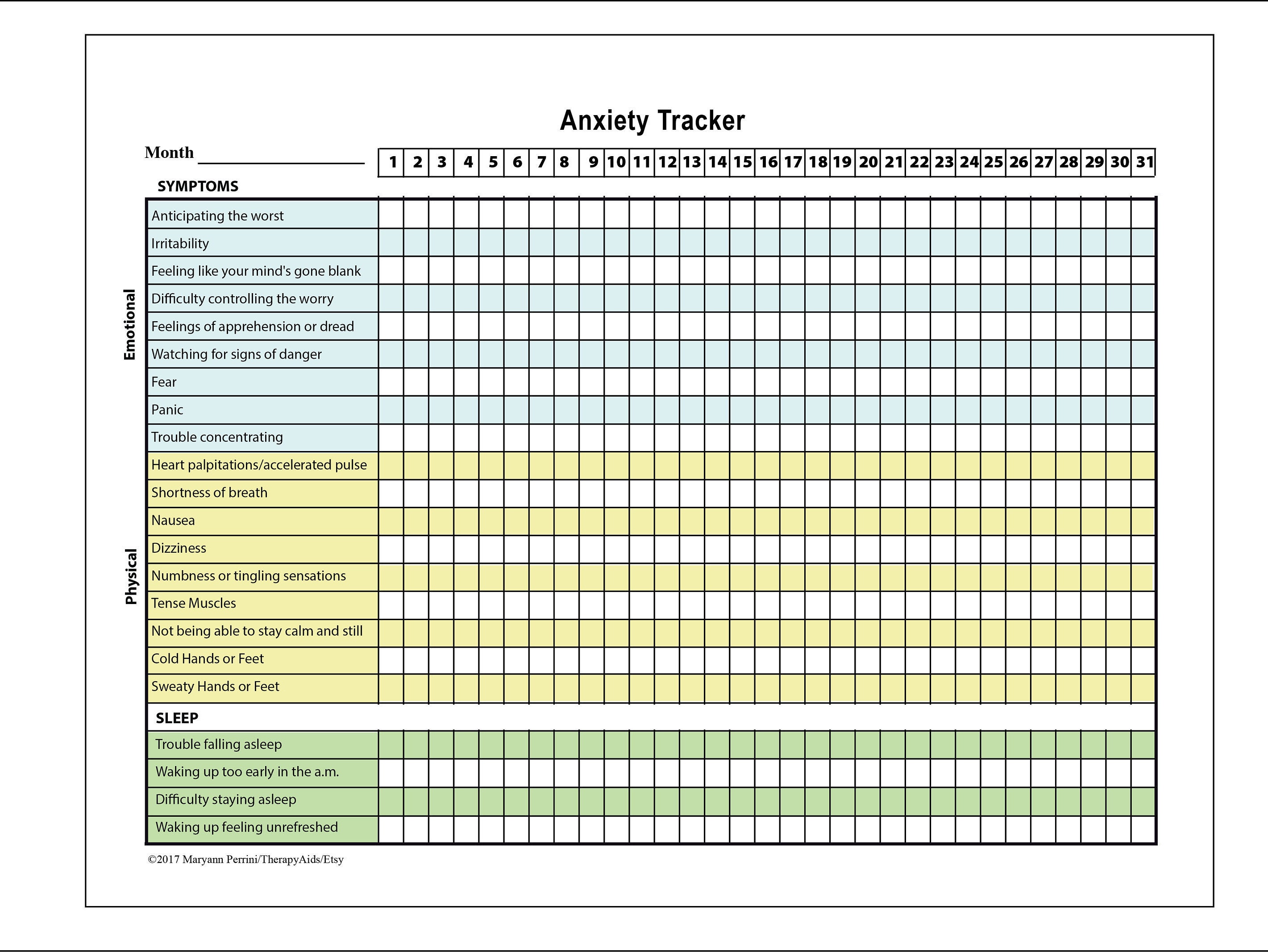 Anxiety Emotional Physical Symptoms Sleep Tracker Printable