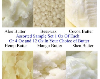 Butter Sample Set, Aloe Butter, Beeswax Pellets, Cocoa Butter, Hemp Butter, Mango Butter, Refined Shea Butter Raw, 4 Oz or .75 Lb