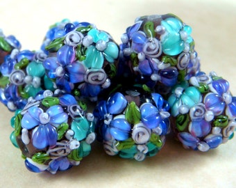 Lampwork Beads - Purple & Aqua Bumpy Floral Lamp work Beads - approx. 14mm - Qty. 2