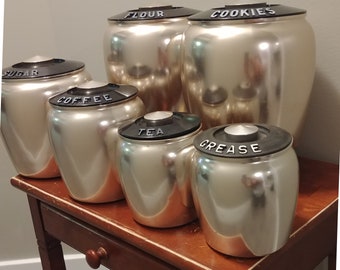 Vintage 1950's Kromex Pink Copper Canister Set/ Retro Vintage 6 Piece Spun Aluminum Fifties MCM Kitchen Canister Set