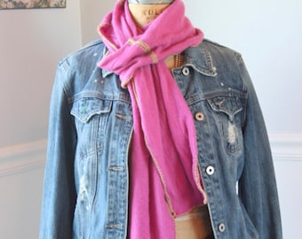 Lush, hand-crocheted scarves made from repurposed cashmere sweaters (in pink)