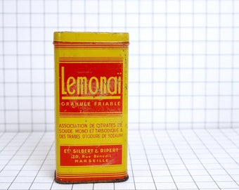 French vintage tin box, yellow and red medicine tin box, antique collectible tin box, drug tablets tin box, metal box, vintage metalic box