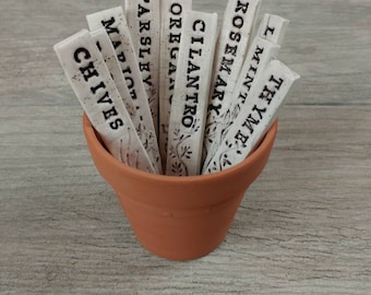 Garden Plant Herb Polymer Clay Markers Labels in Rustic White Marble.