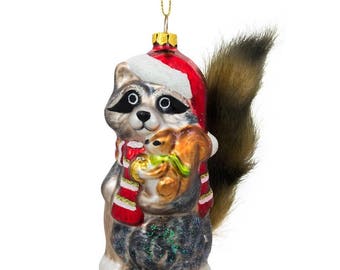 4.75" Raccoon Holding Squirrel Glass Christmas Ornament