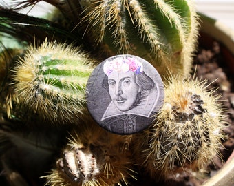 William Shakespeare in a flower crown 32mm pin back badge