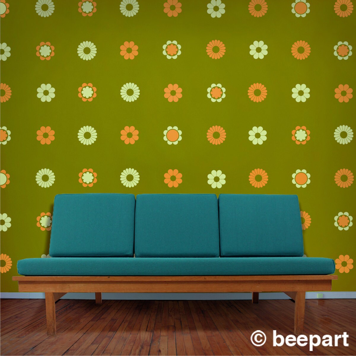 flower pattern vinyl wall decal set 70s funky flowers