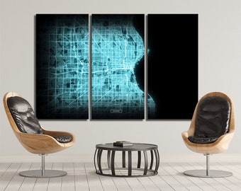 MILWAUKEE Wisconsin Map 3 Canvas Panel Milwaukee Wisconsin Night Lights Modul Map Oversized Horizontal Wall Art Map Modern Art Neon City Map
