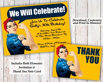 Rosie The Riveter Birthday (or) Party Invitation + Thank You Notes | Editable PDF Instant Download | Edit & Print In Minutes!