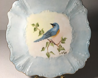 Square Plate with Hand Painted Bluebird Signed